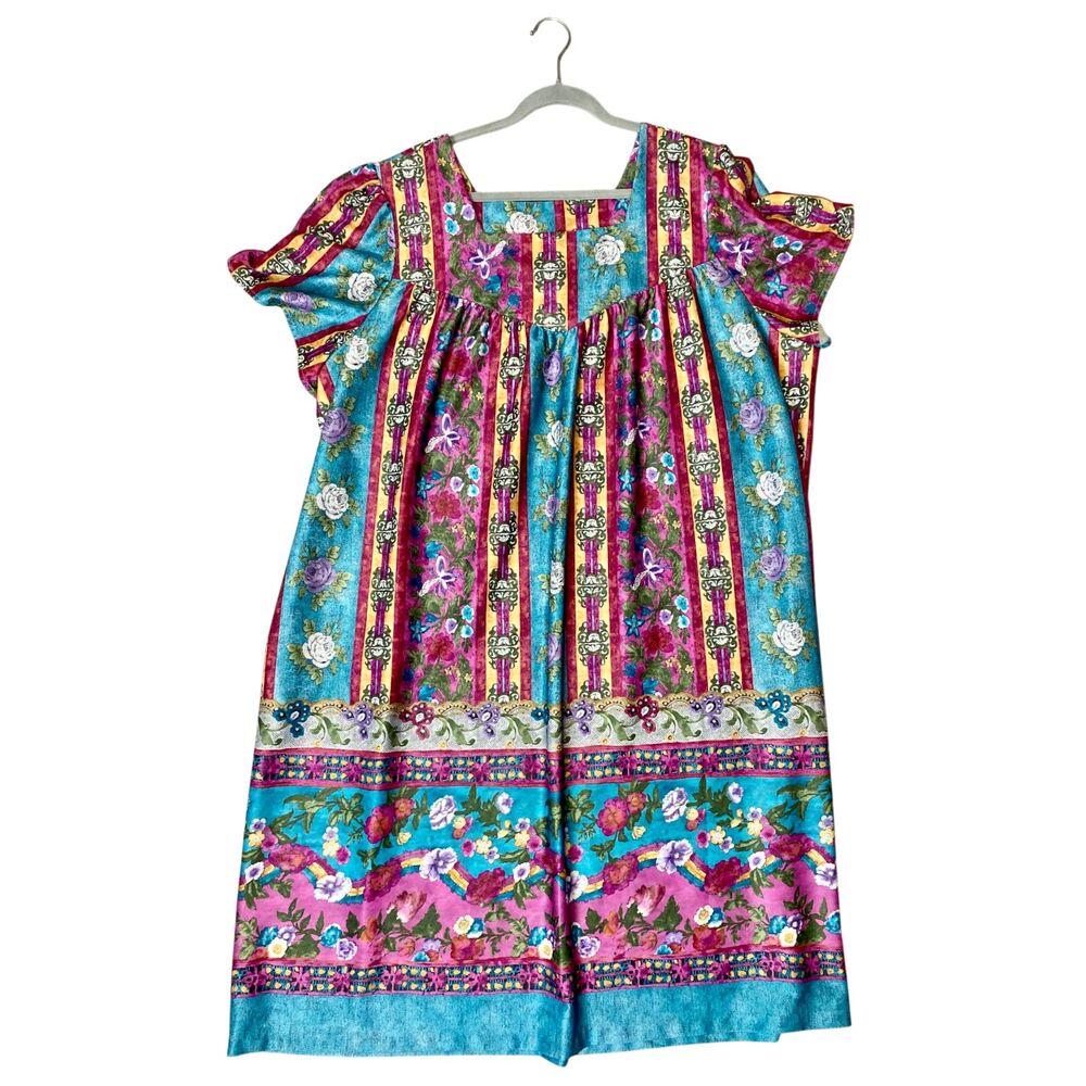 Vintage Granada House Dress 3X Turquoise Floral Muumuu Lounger Pocket Grannycore - Picture 3 of 8
